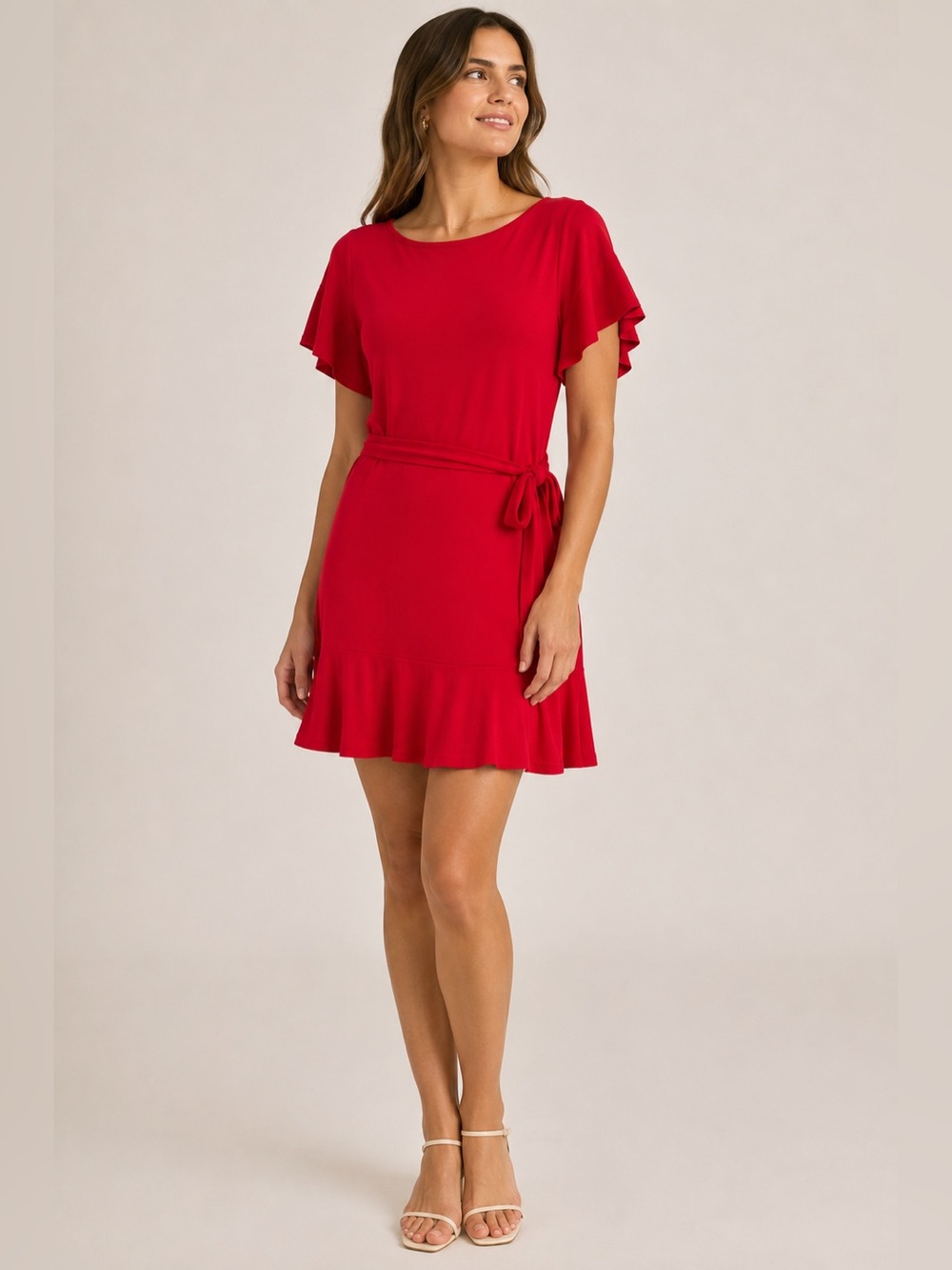 Loft Red Flutter Short Sleeve Belted Dress NWT Size 10 Jersey Stretch Holiday